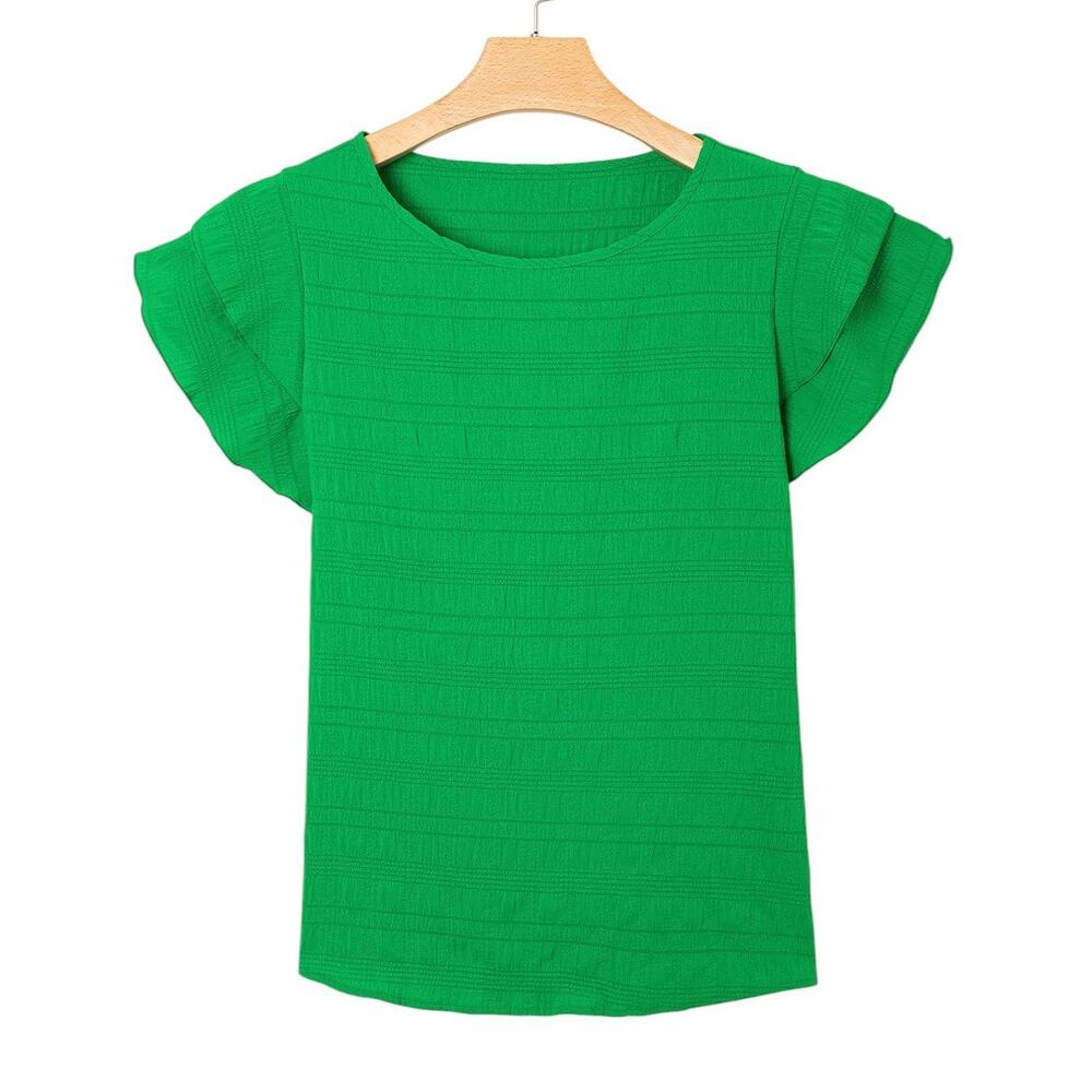 Green Textured Ruffled Short Sleeve Round Neck Top New S,  L, XL - Picture 2 of 8